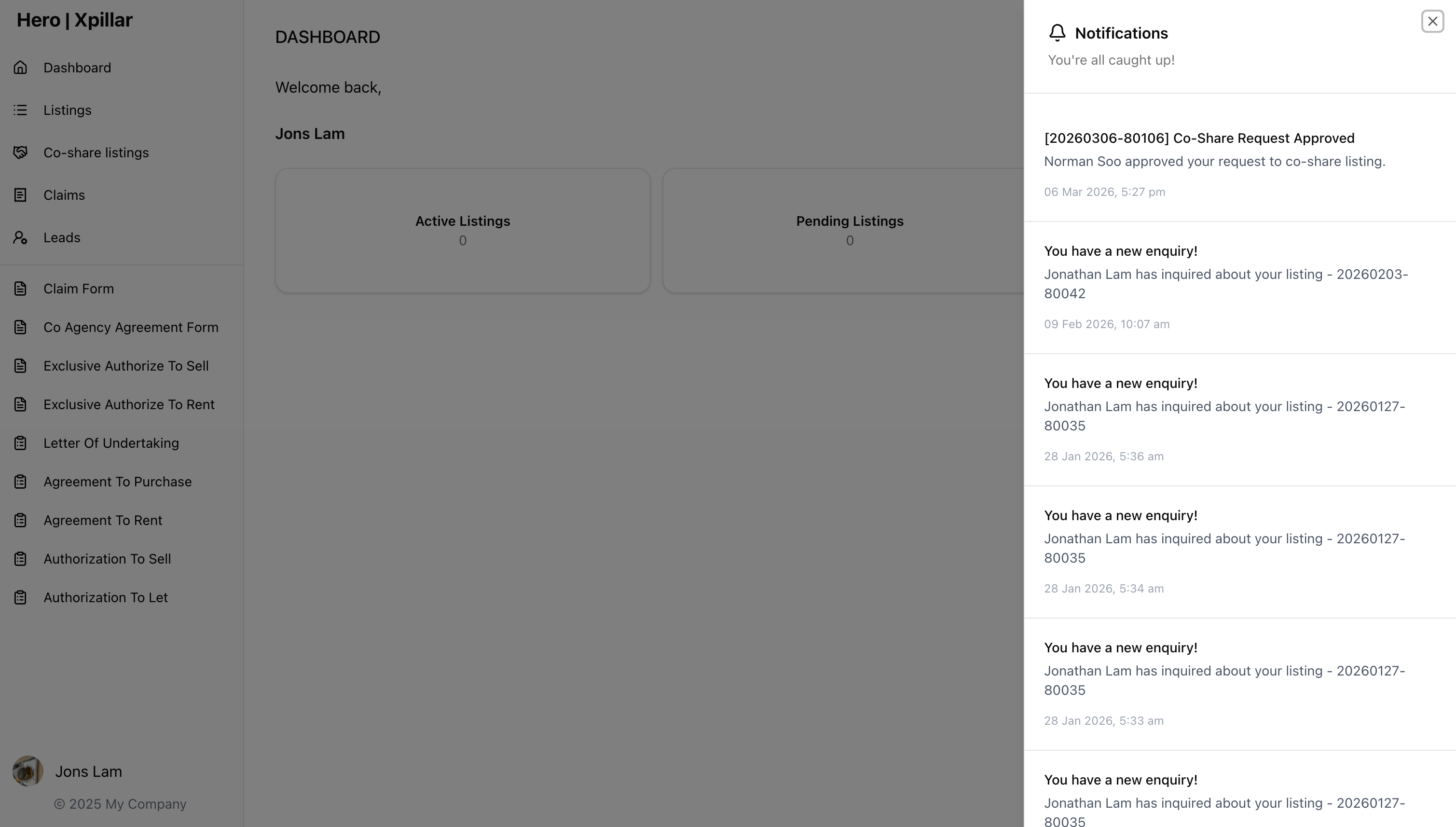 Xpillar Hero Agent Portal: dashboard notifications